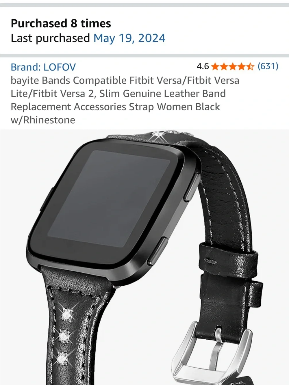 LOFOV Fitbit Versa 1 2 Lite Black Genuine Leather Rhinestone Watch Band